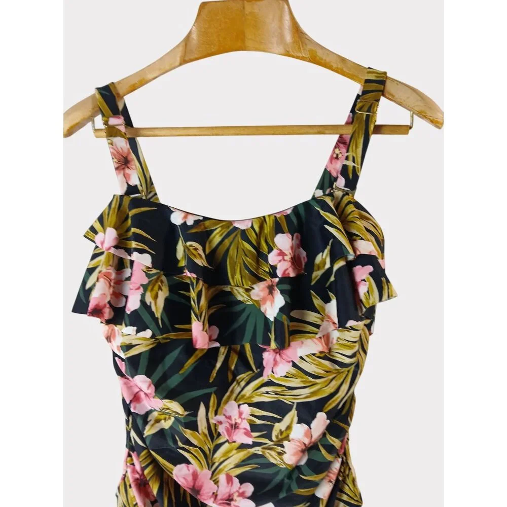 Kona Sol 16W Black Green Pink Floral Ruffle Front One Piece Swimsuit 16W Plus - Picture 2 of 13